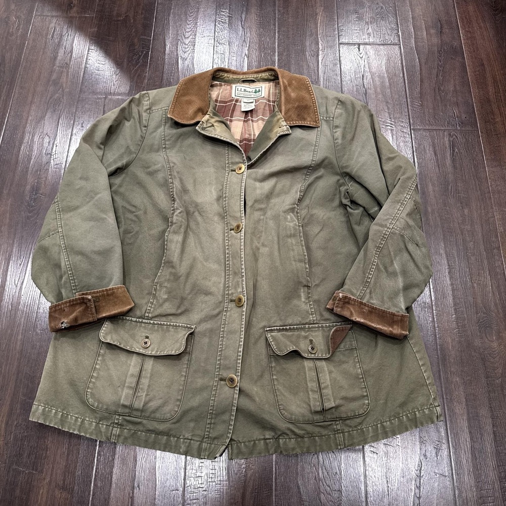 L.L. Bean Coat Womens 2X Green Cotton Canvas Barn Jacket Corduroy Collar Lined
